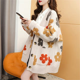 Women Knitted Cardigan Flower Pattern Casual Loose Jacket