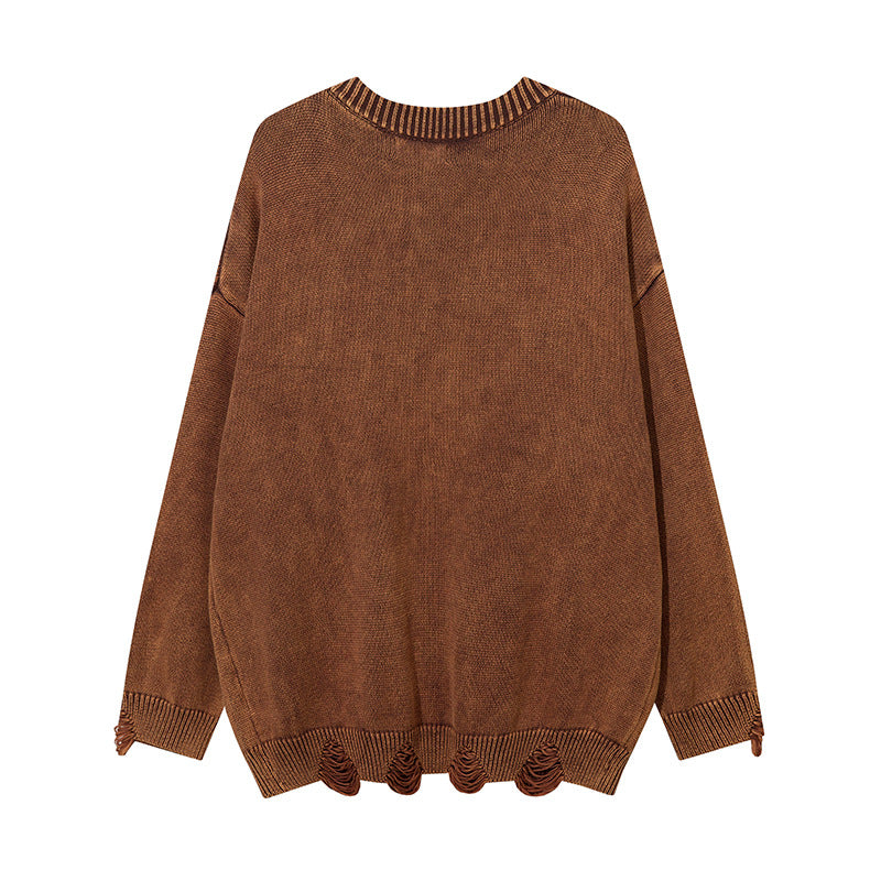 Men Sweater Heavy Washed Distressed Sweater Five-Pointed Star Ripped