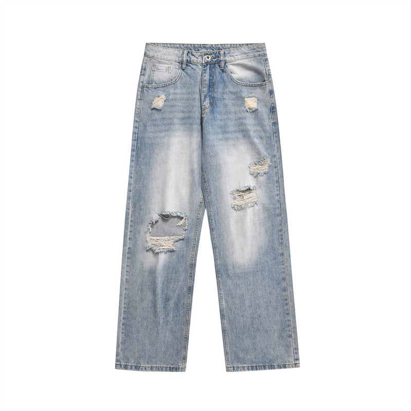 Men Jeans Loose Hole All-Match Polished White
