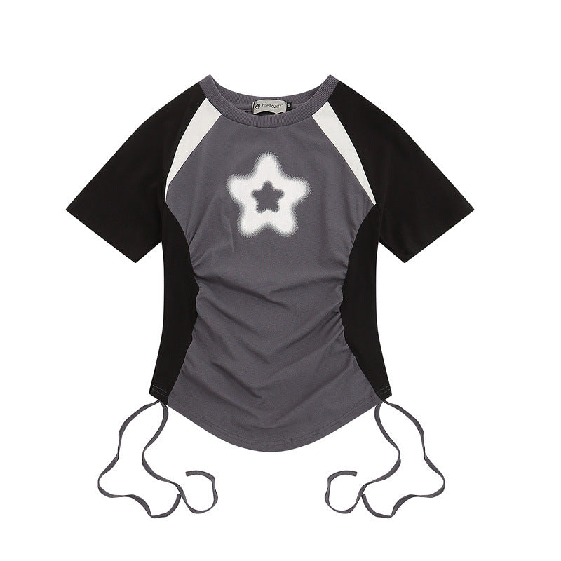 Men T-Shirt Side Drawstring Pleated Slim Fit
