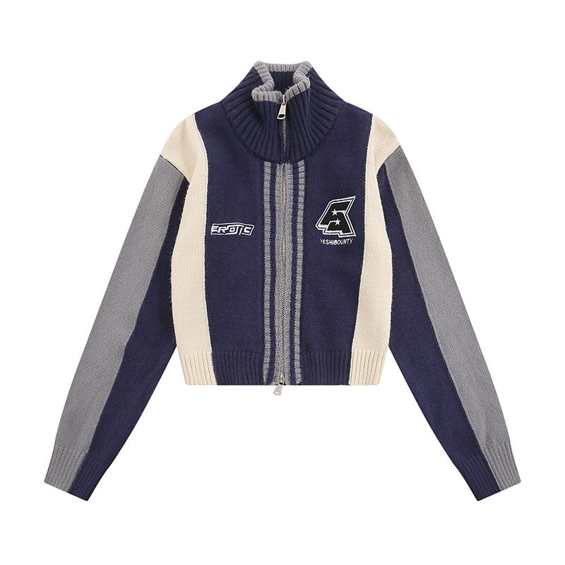 Women Sweater Color Matching College Fan Cardigan Zipper Stand Collar