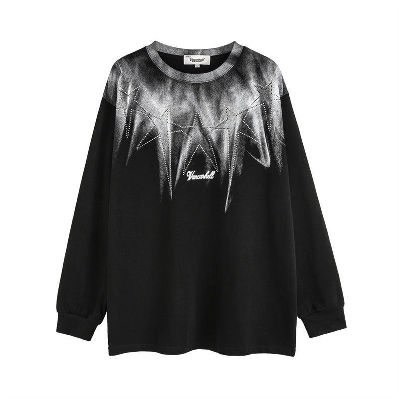 Men Long Sleeve T-Shirt Pure Cotton Inkjet Hot Drilling Five-Pointed Star