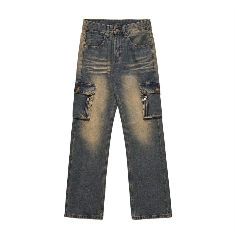 Men Jeans Punk Distressed Multi-Pocket Loose Cool Workwear