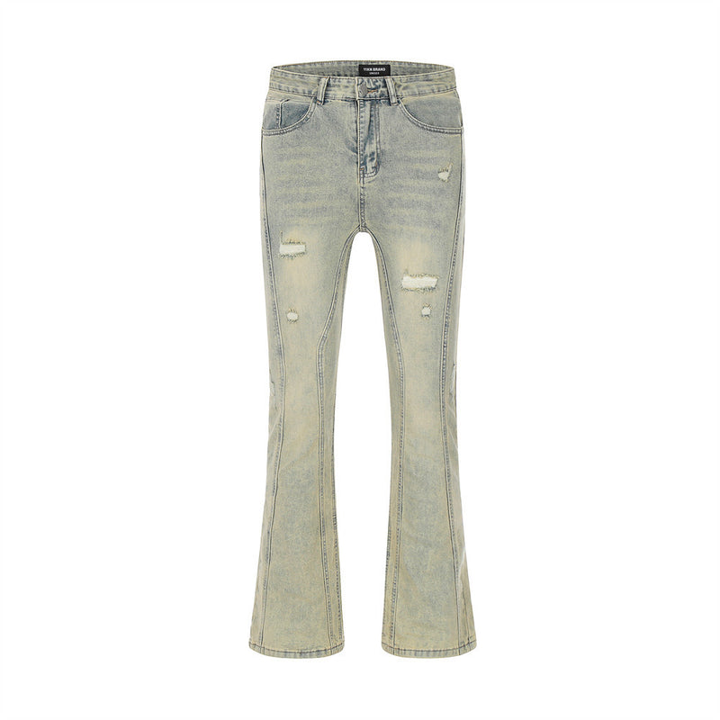 Men Jeans Yellow Mud Color Hole Bell-Bottom Pants Stitching