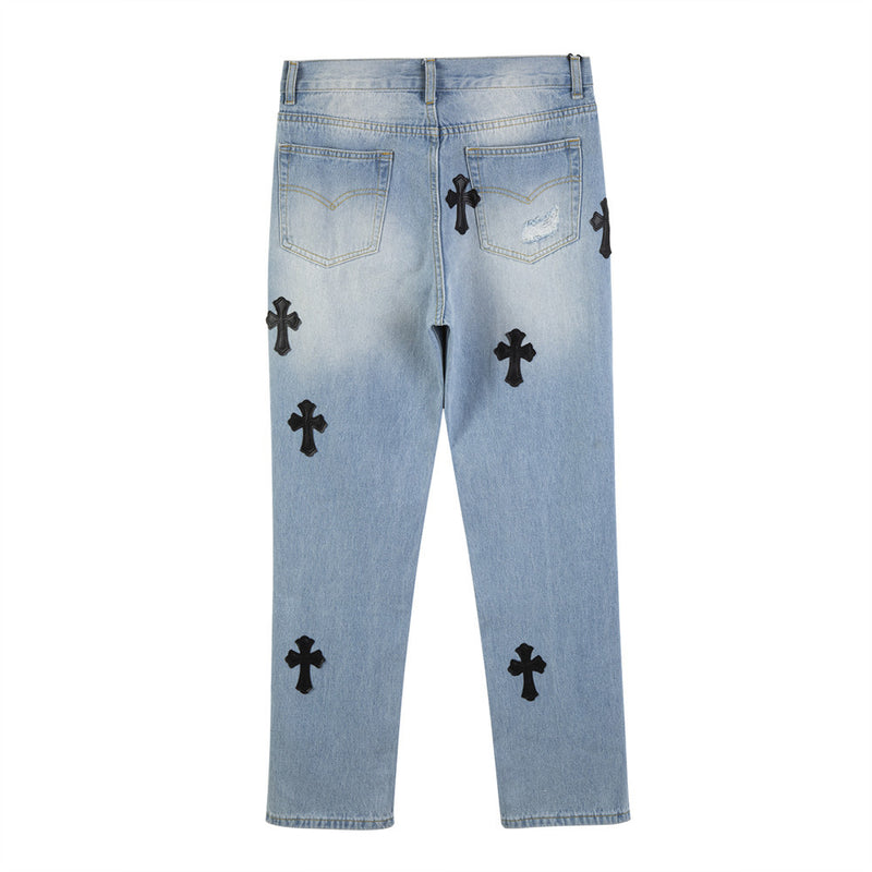 Men Jeans Ripped Cross Pattern Hip Hop Loose