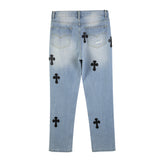 Men Jeans Ripped Cross Pattern Hip Hop Loose
