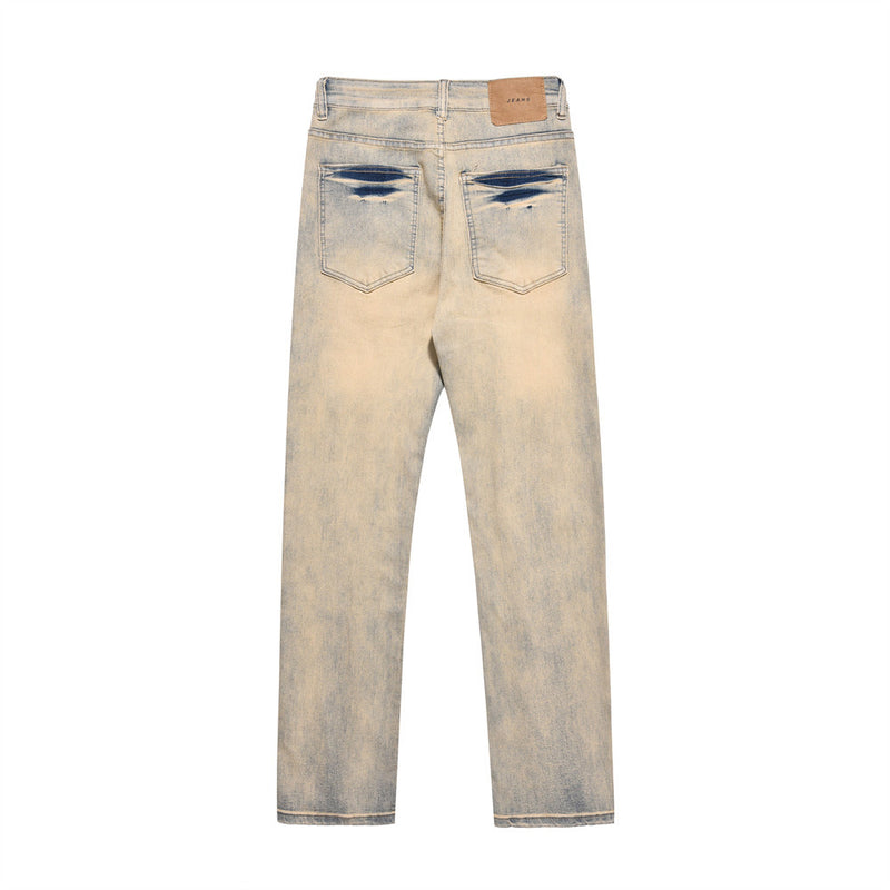 Men Jeans Yellow Mud Color Stitching Loose Zip Trousers
