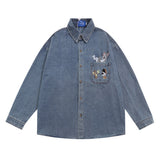 Men Long Sleeved T Shirt Embroidered Jerry and Tom Shirt Coat Men's Trendy Loose Washed-out Denim Long Sleeve