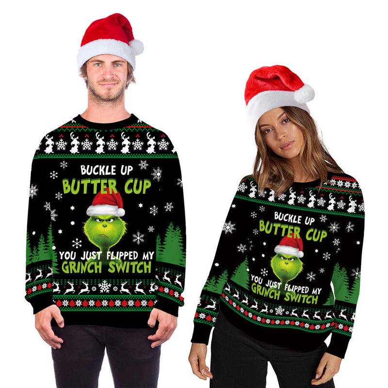 Black Christmas Sweater Christmas Print Couple Outfit Casual Pullover