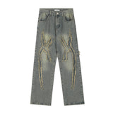 Men Jeans Stitching Hip Hop Style Loose Raw Hem