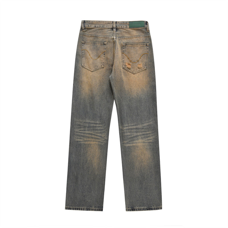 Men Jeans Vintage Pocket Ripped Leisure Loose