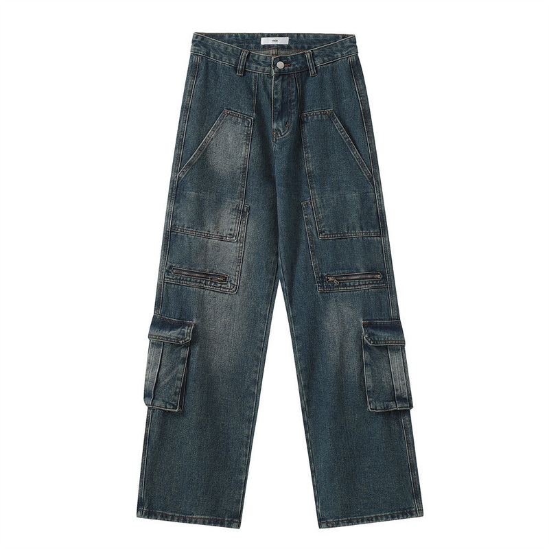 Men Jeans Workwear Multi-Pocket Loose