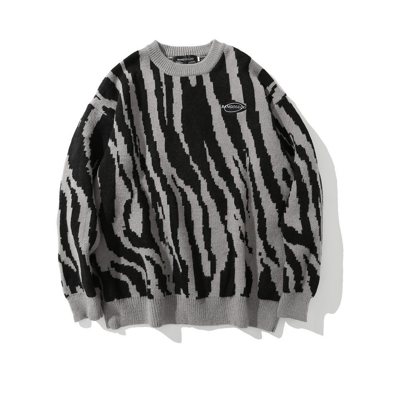 Men Sweater Zebra-Print Knitwear Loose round Neck Sweater