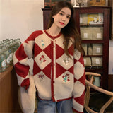 Women Knitted Cardigan Retro College Style Crew Neck Sweater