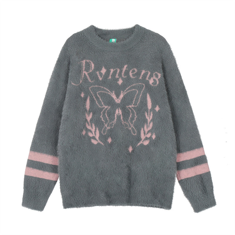 Men Sweater Velvet Padded Sweater Butterfly Jacquard Thickened Sweater