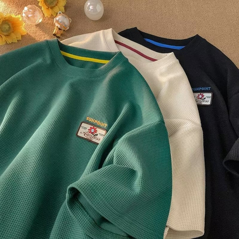 Men T Shirt Waffle All-Match Heavy Loose