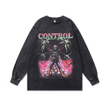 Mens Vintage Long Sleeve Shirt Printed Washed Long Sleeve T-Shirt