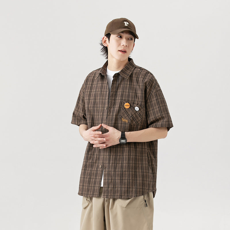 Unisex Shirt Retro College Style Plaid Loose