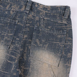 Men Jeans Stitching Polished White Distressed Jacquard Splash-Ink