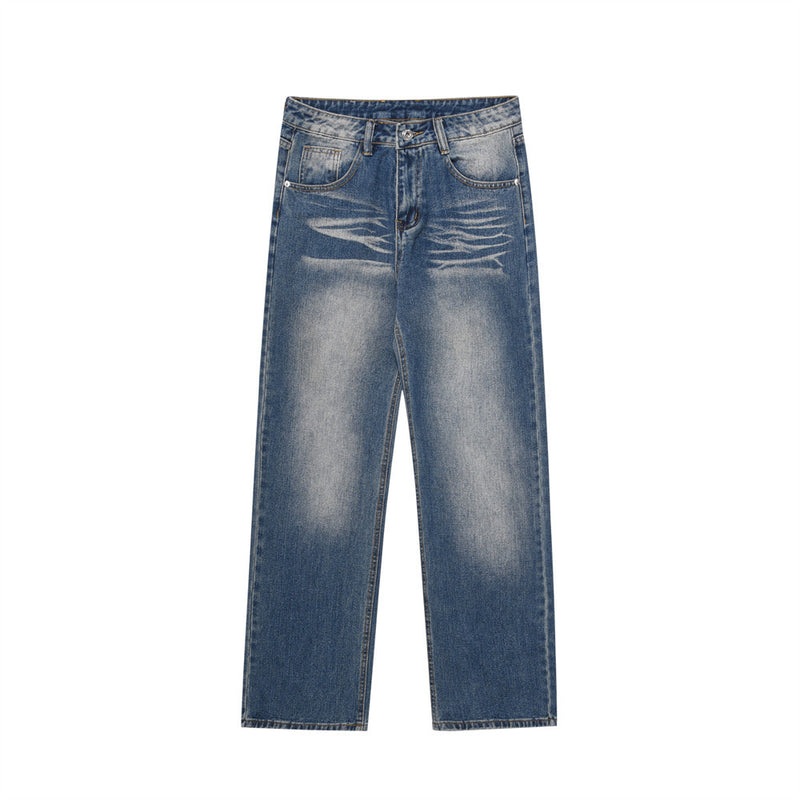 Men Jeans Brushed White Pleated Simple Loose
