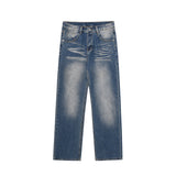 Men Jeans Brushed White Pleated Simple Loose