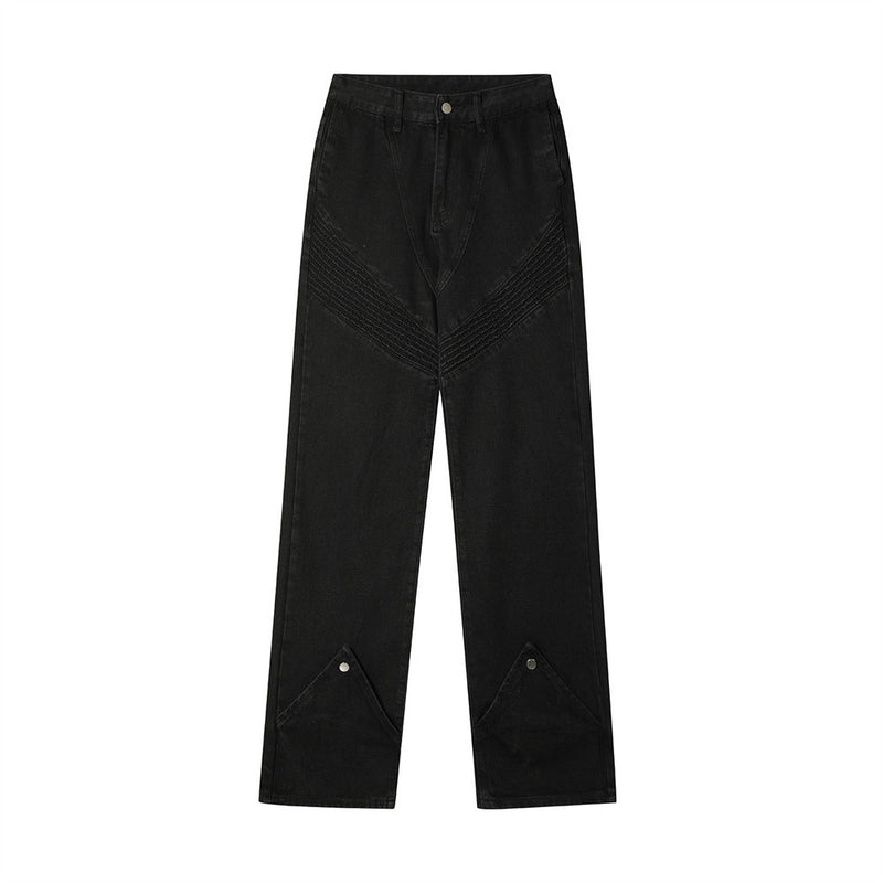 Men Jeans Pleated Stitching Fastener Decoration Loose