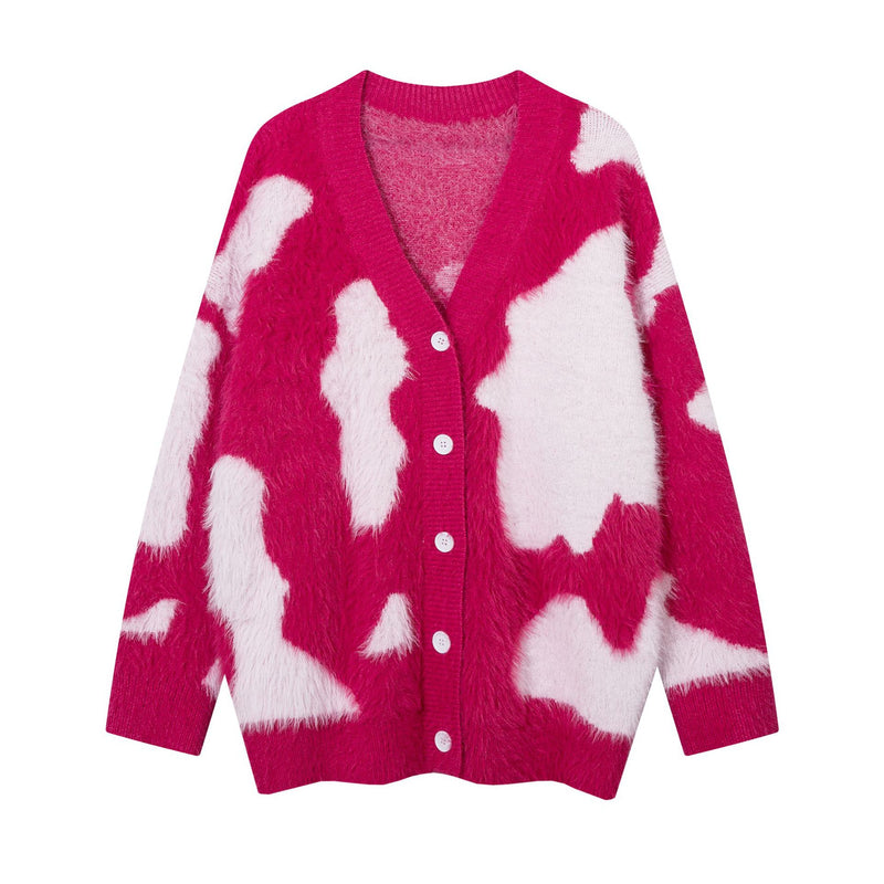 Women Sweater Contrast Color Jacquard V-neck Knitted Jacket