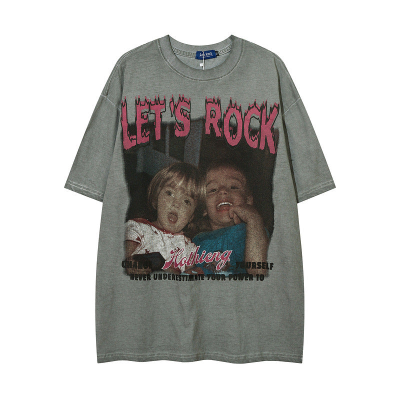 Men T-Shirt Retro Portrait Graffiti Washed and Worn