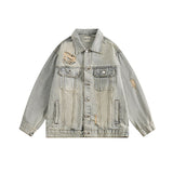 Women Jackets Retro Tattered Jeans Distressed Turn-down Collar Coat