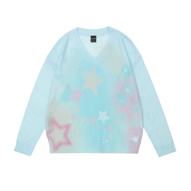 Men Sweater Five-Pointed Star Brocade Sweater Loose V-neck