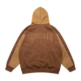 Men Fleece Lined Hoodie Cardigan Sweater Men's Winter Loose Color Contrast Patchwork Embroidered Letters