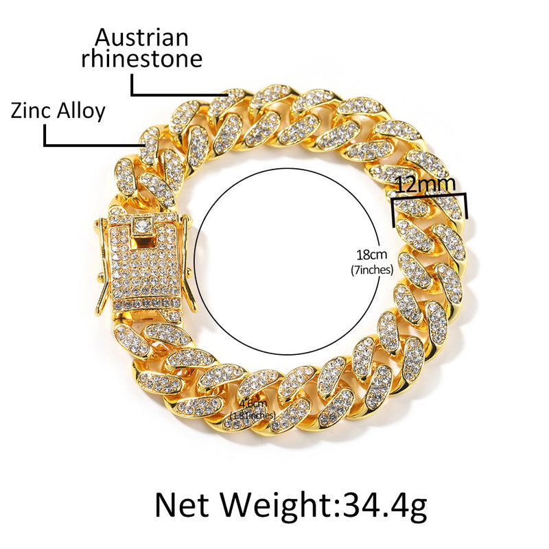 Bracelet Hip Hop 12mm Alloy Bracelet with Diamonds Cuban Chain Royalty Spectrum Cannabis