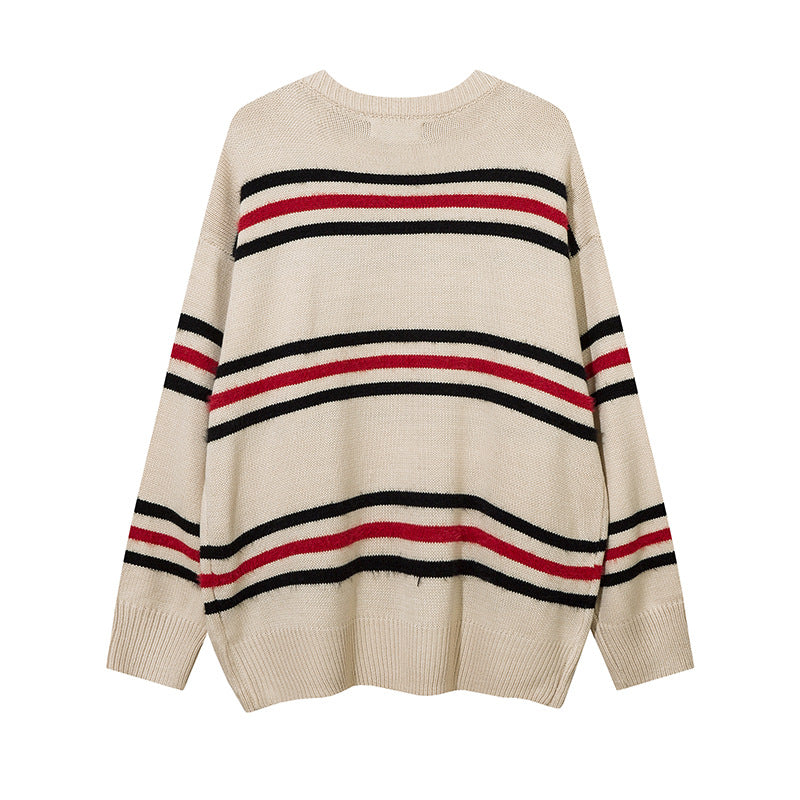 Men Sweater Striped Embroidered Crew Neck Sweater