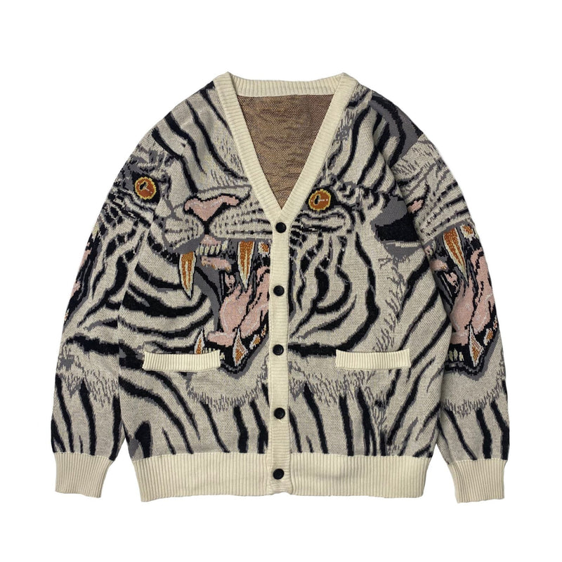 Kapital Sweater Vintage Jacquard Tiger Totem Knitted V-neck Japanese Sweaters Cardigan Jacket