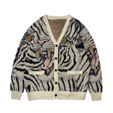 Kapital Sweater Vintage Jacquard Tiger Totem Knitted V-neck Japanese Sweaters Cardigan Jacket