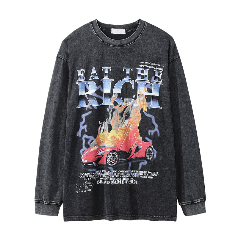 Men Long Sleeve T-Shirt Flame Car Printing Distressed Loose