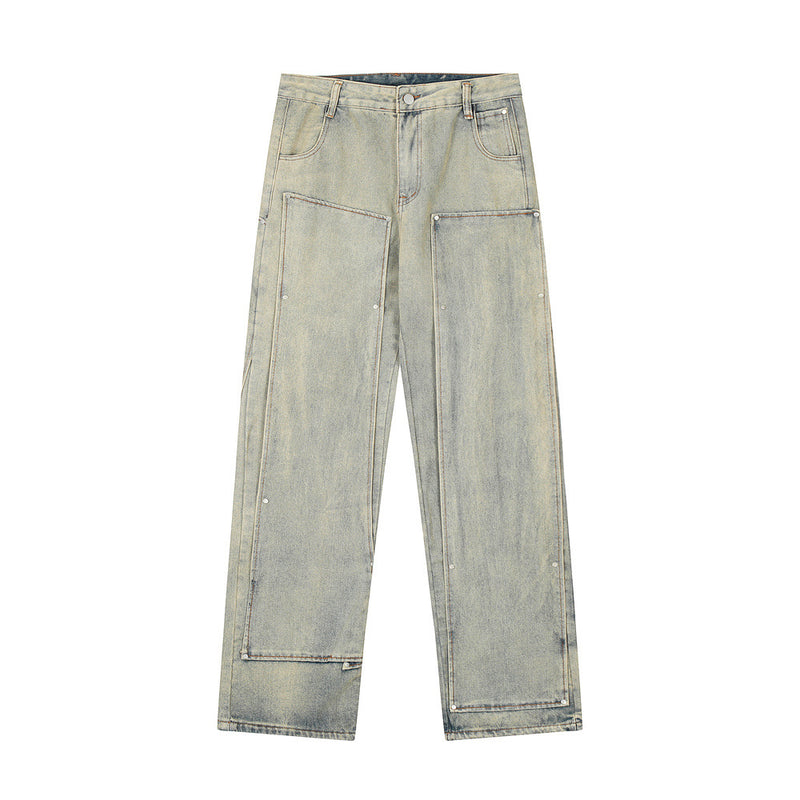 Men Jeans Yellow Mud Color Irregular Stitching