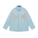 Men Long Sleeved T Shirt Cartoon Vertical Striped Long Sleeve Shirt Boys Casual Loose Lapels Shirt Ins Spring and Autumn