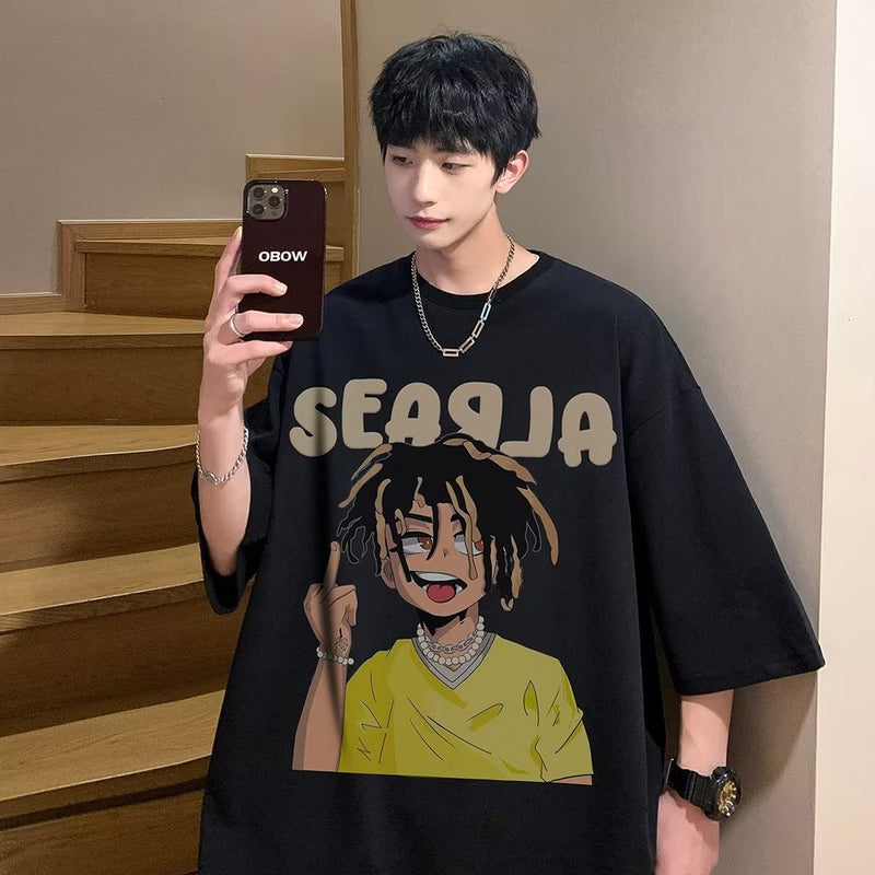 Men T Shirt Cartoon Print Summer Versatile Loose