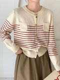 Women Knitted Cardigan Vintage Stripe Knitted Cardigan Sweater