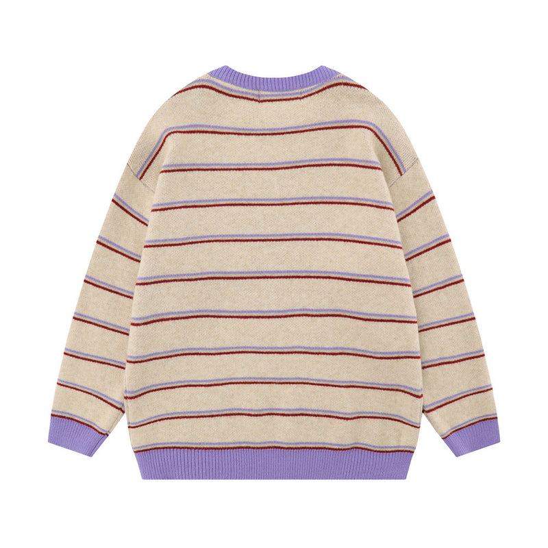 Men Sweater Striped Knitted Sweater Cartoon Sheep Jacquard