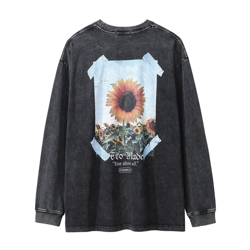Men Long Sleeve T-Shirt Sunflower Flower Print Niche Distressed