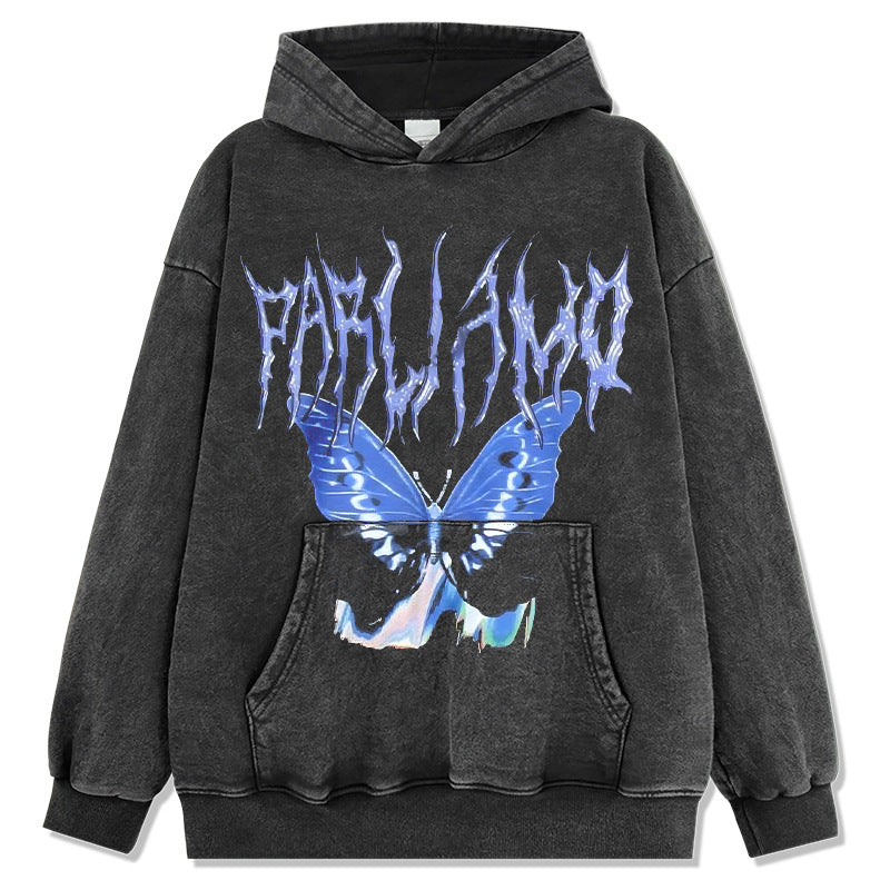 Unisex Long Sleeve Shirt Butterfly Print Hooded Sweater