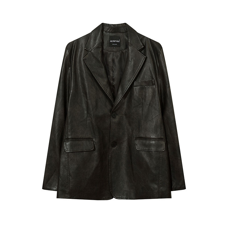 Women Jackets Vintagepu Leather Suit Distressed Idle Style