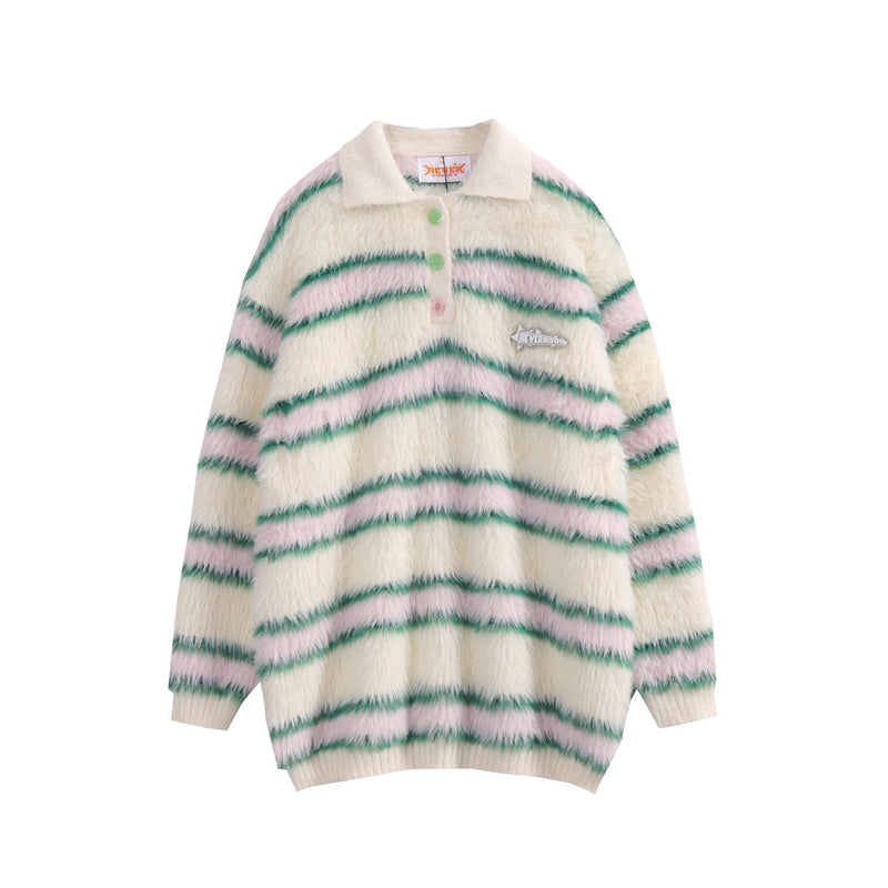 Men Sweater Striped with Fleece Lining Sweater Long Sleeve Lapel