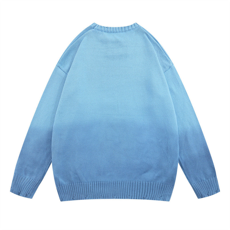 Men Sweater Gradient Tie-Dye Printed round Neck Sweater