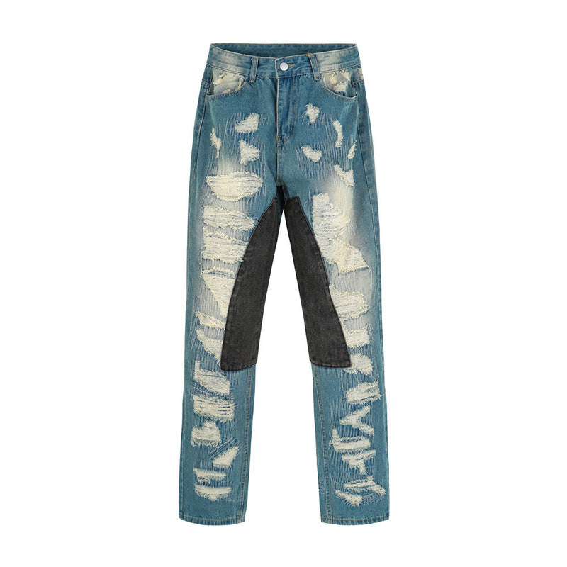 Men Jeans Hole & Patch Punk Stitching