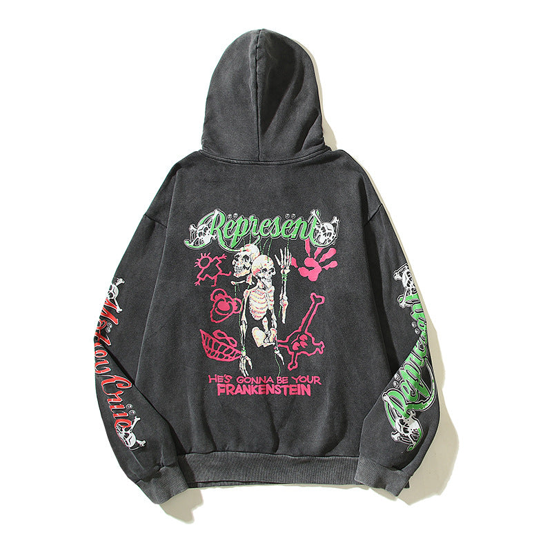 HS Hoodie Monster Skull Print Distressed Retro