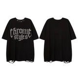 Men T-Shirt Diamond-Embedded Printing Couple Ripped