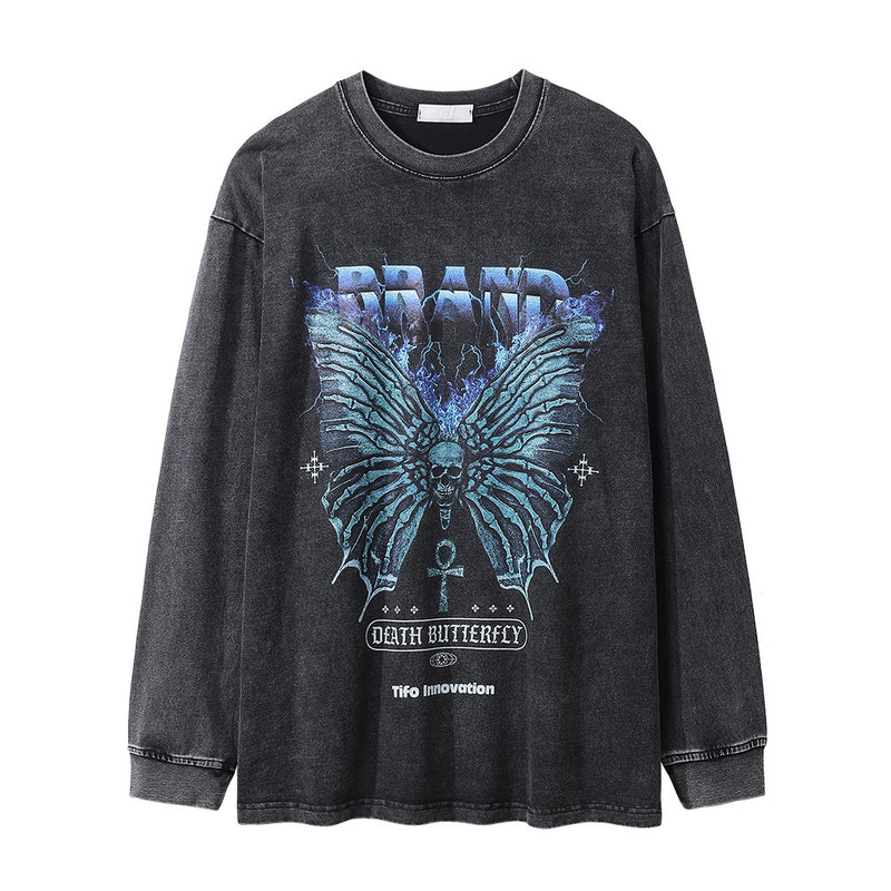 Men Long Sleeve T-Shirt Butterfly Pattern Distressed